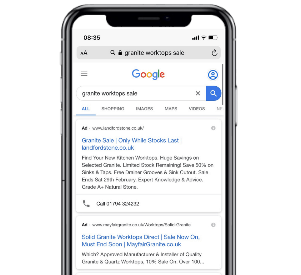 google ads for granite worktops in-situ mobile