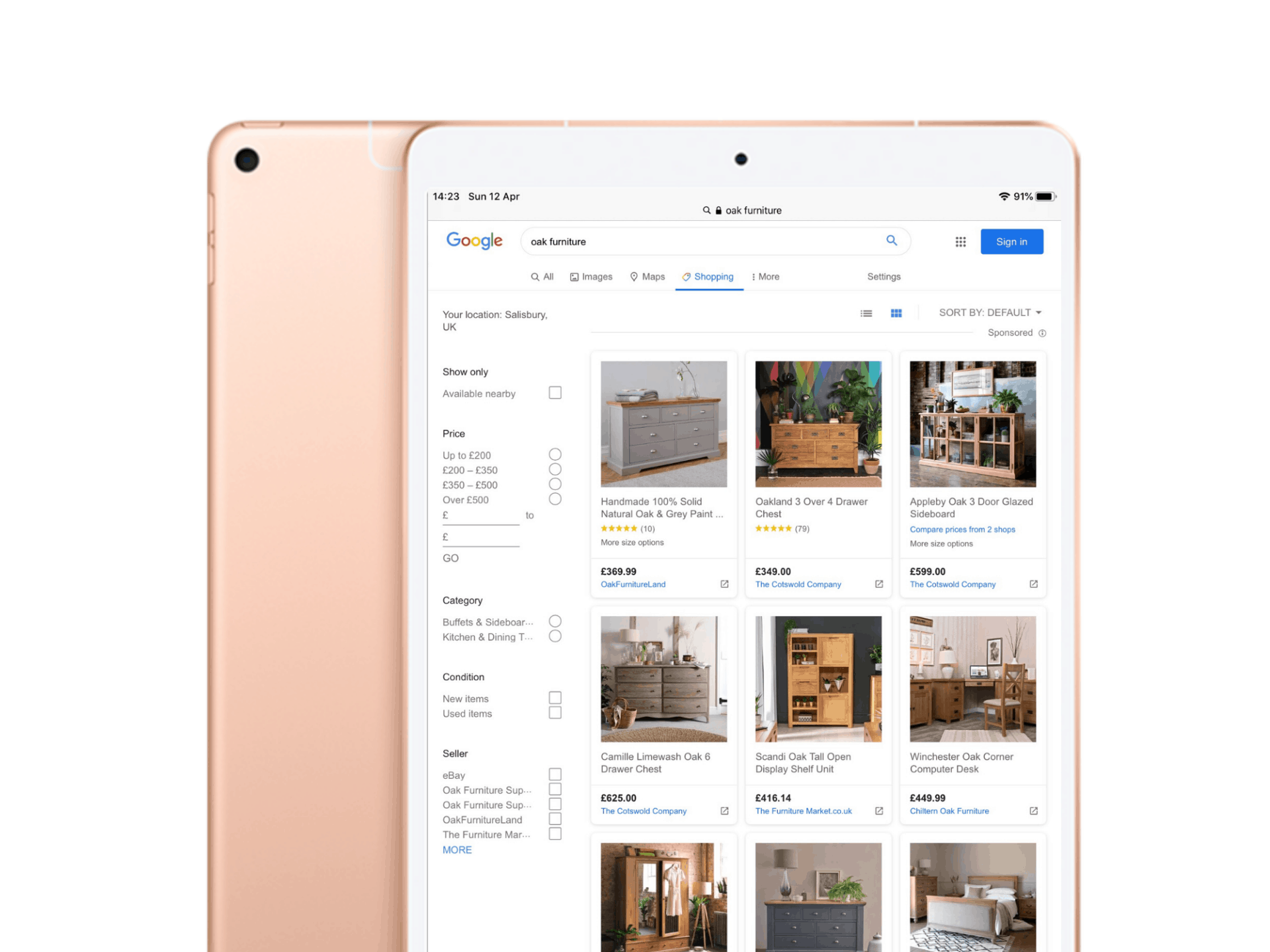 google shopping search - oak furniture ipad